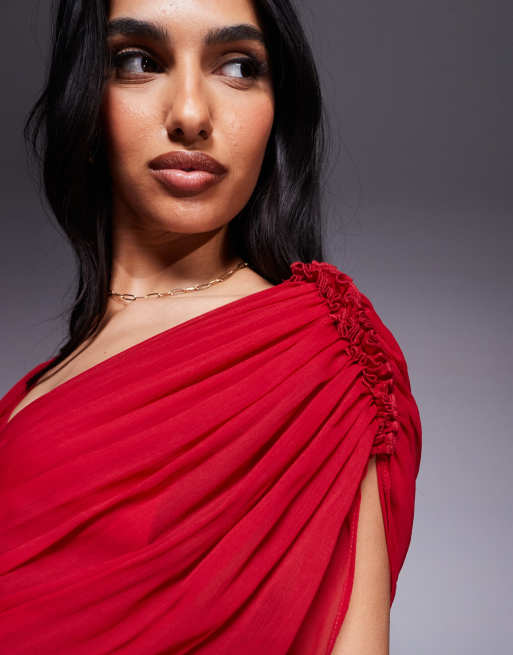 ASOS DESIGN - Vestito lungo sblusato rosso con taglio sbieco, 3 di 4