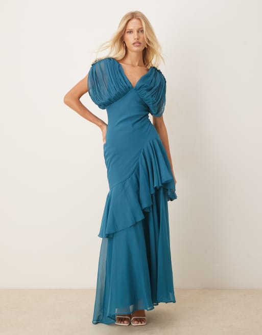 ASOS DESIGN - Vestito lungo sblusato taglio sbieco color verde-azzurro intenso con volant sull'orlo