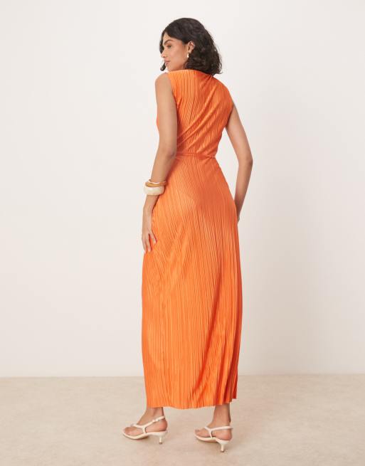 ASOS DESIGN - Vestito lungo senza maniche avvolgente plissé arancione, 4 di 4