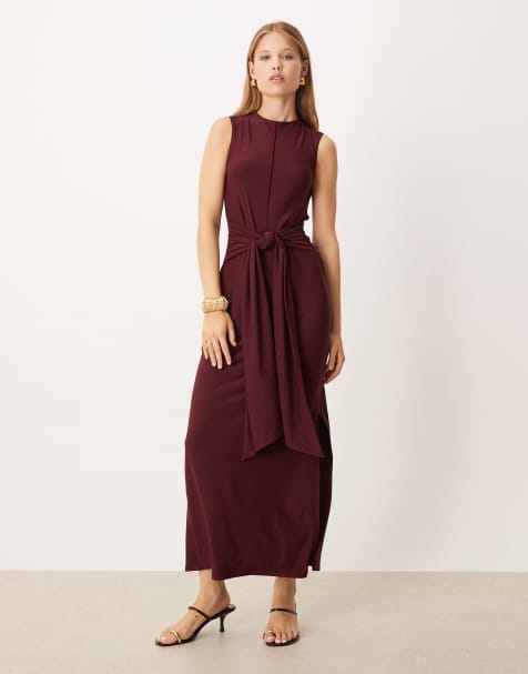 ASOS DESIGN - Vestito lungo senza maniche bordeaux con cut-out e annodato sul davanti - view 1