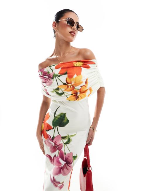 ASOS DESIGN - Vestito lungo senza maniche con stampa a fiori e scollo alla Bardot, 3 di 4
