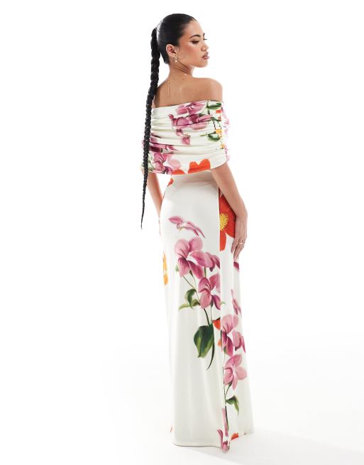 ASOS DESIGN - Vestito lungo senza maniche con stampa a fiori e scollo alla Bardot, 4 di 4