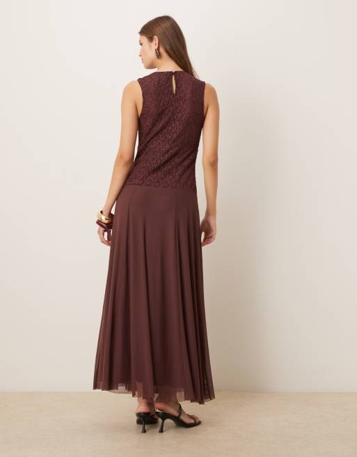 ASOS DESIGN - Vestito lungo senza maniche in pizzo cioccolato con gonna in rete, 4 di 4