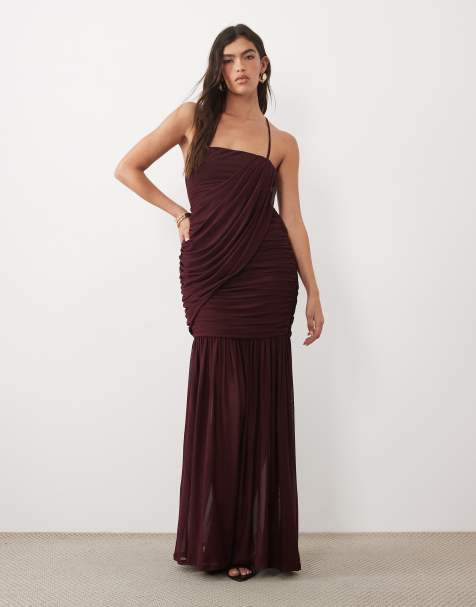 ASOS DESIGN vestito lungo senza maniche in rete con drappeggio asimmetrico color prugna - view 1