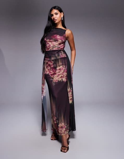 ASOS DESIGN - Vestito lungo senza maniche in tessuto a rete con stampa a fiori, schiena scoperta e dettaglio drappeggiato - view 1