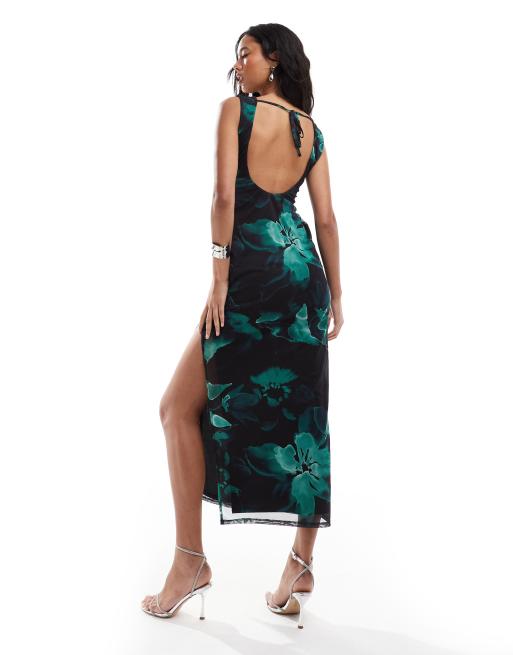 ASOS DESIGN - Vestito lungo senza maniche nero e verde a fiori con scollo profondo sul retro, 4 di 4