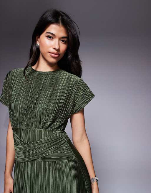 ASOS DESIGN - Vestito lungo senza maniche plissé kaki con dettaglio intrecciato, 4 di 4