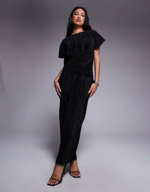 ASOS DESIGN - Vestito lungo senza maniche plissé nero con dettaglio attorcigliato sul davanti