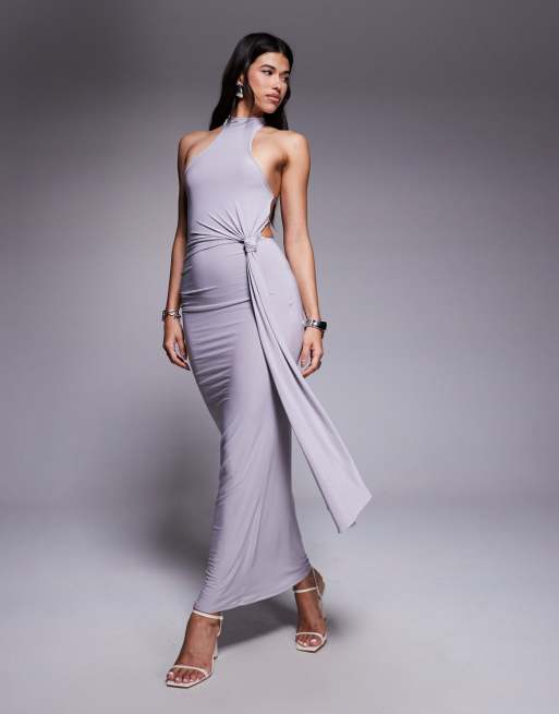 ASOS DESIGN - Vestito lungo sinuoso color grigio ardesia con nodo anteriore e scollo ad anello