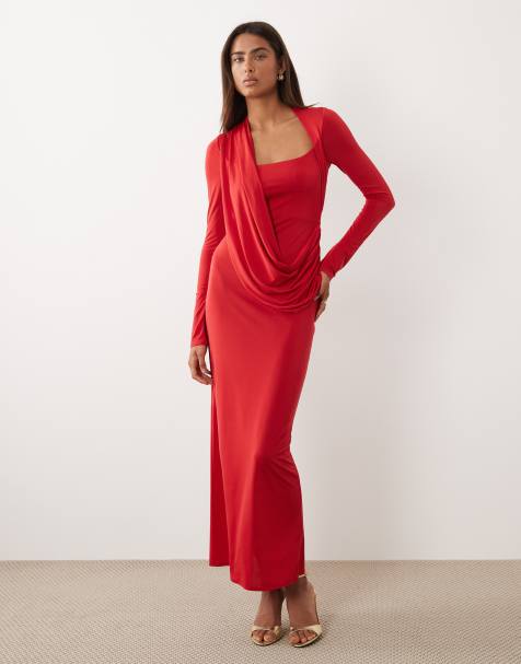 ASOS DESIGN - Vestito lungo sinuoso rosso con scollo squadrato e drappeggio asimmetrico - view 1