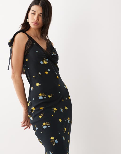 ASOS DESIGN - Vestito lungo sottoveste nero a fiori con finiture in pizzo e laccetti, 2 di 4