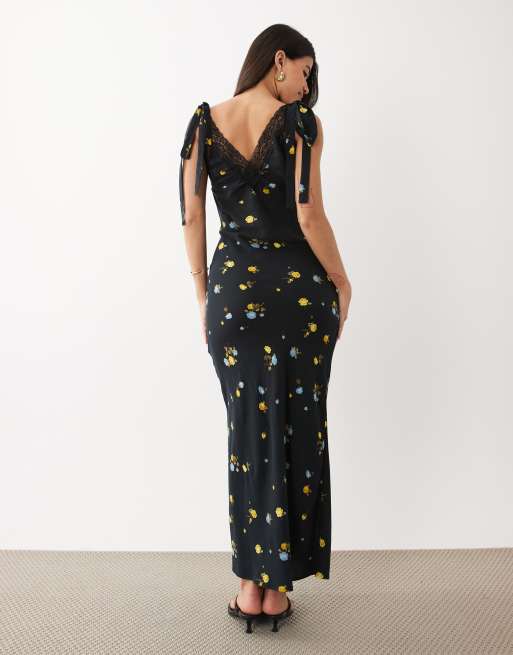ASOS DESIGN - Vestito lungo sottoveste nero a fiori con finiture in pizzo e laccetti, 4 di 4