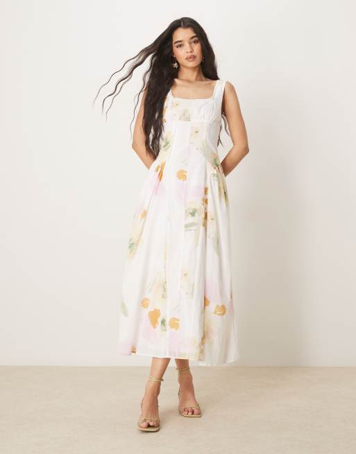 ASOS DESIGN - Vestito lungo stile country a fiori vintage con vita scesa e scollo squadrato