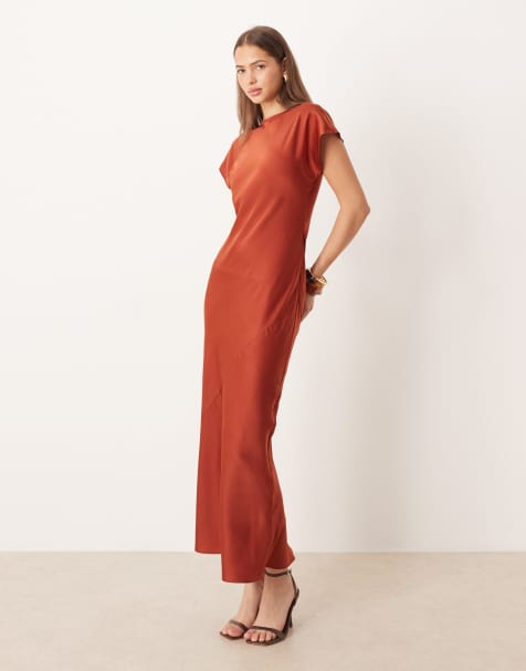 ASOS DESIGN - Vestito lungo stile sottoveste in raso color ruggine con cuciture a vista e maniche ad aletta - view 1