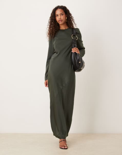ASOS DESIGN - Vestito lungo stile sottoveste in raso opaco verde scuro con cuciture - view 1
