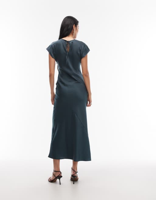 ASOS DESIGN - Vestito lungo stile sottoveste in raso verde con cuciture a vista e maniche ad aletta, 3 di 4