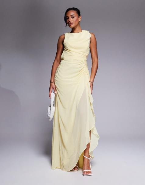 ASOS DESIGN - Vestito lungo stretto in vita giallo pallido con volant e schiena scoperta - view 1