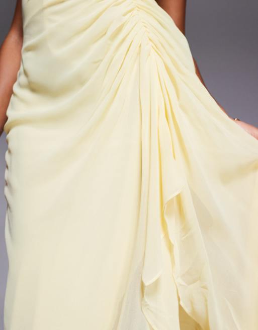 ASOS DESIGN - Vestito lungo stretto in vita giallo pallido con volant e schiena scoperta, 3 di 4