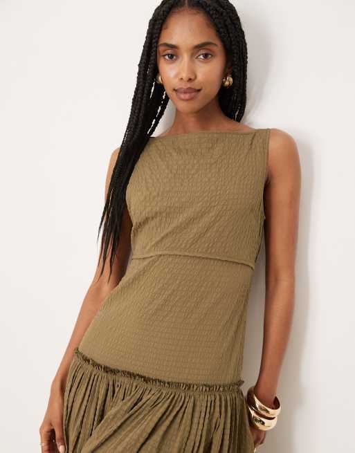 ASOS DESIGN - Vestito lungo stropicciato oliva con scollo a barchetta e cuciture a vista, 4 di 4