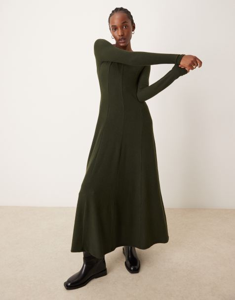 ASOS DESIGN - Vestito lungo super morbido a maniche lunghe color verde kaki con cuciture a vista - view 1