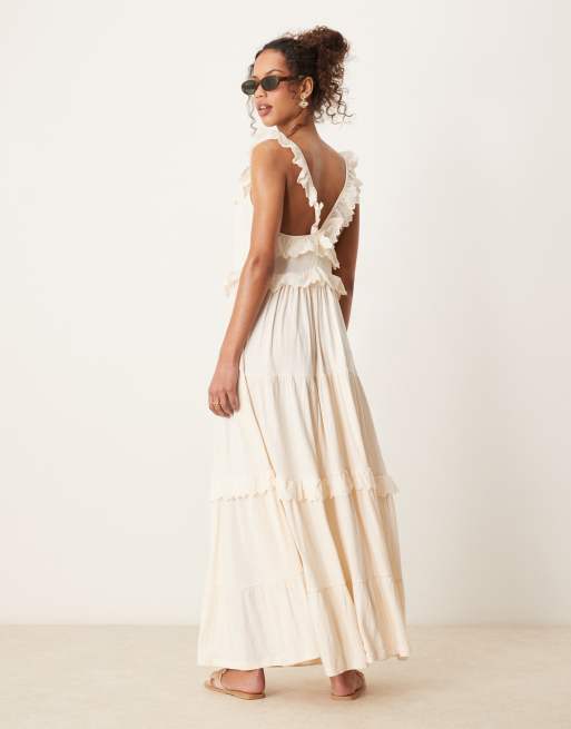 ASOS DESIGN - Vestito lungo svasato a balze bianco con inserti in pizzo e volant, 4 di 4