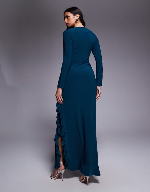 ASOS DESIGN - Vestito lungo svasato blu ottanio a maniche lunghe con volant, 3 di 4