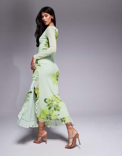 ASOS DESIGN - Vestito lungo svasato in rete a maniche lunghe verde a fiori con volant, 2 di 4