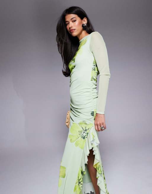 ASOS DESIGN - Vestito lungo svasato in rete a maniche lunghe verde a fiori con volant, 4 di 4