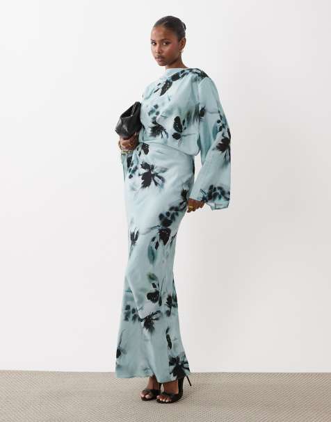 ASOS DESIGN - Vestito lungo taglio sbieco a maniche lunghe raccolto in vita blu a fiori sfocati - view 1