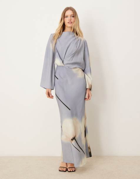 ASOS DESIGN - Vestito lungo taglio sbieco a maniche lunghe raccolto in vita blu a fiori vistosi - view 1