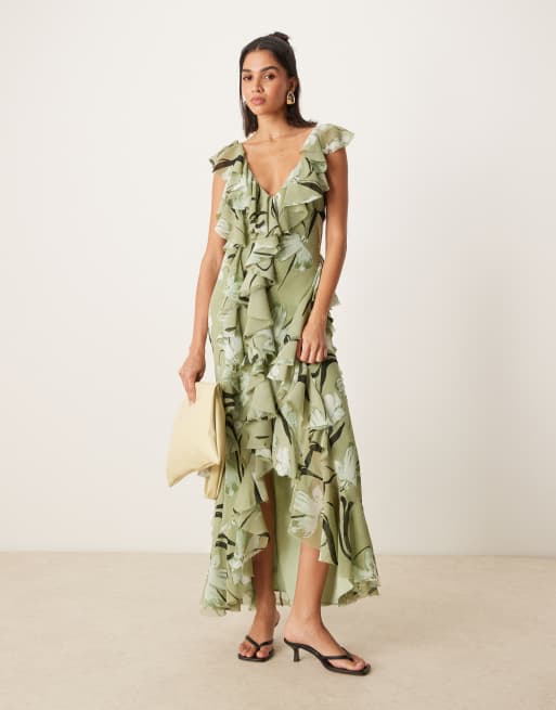 ASOS DESIGN - Vestito lungo taglio sbieco con volant aperto sul retro verde a fiori