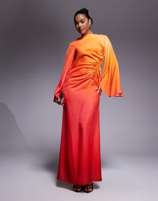 ASOS DESIGN - Vestito lungo taglio sbieco sfumato con maniche oversize e vita arricciata