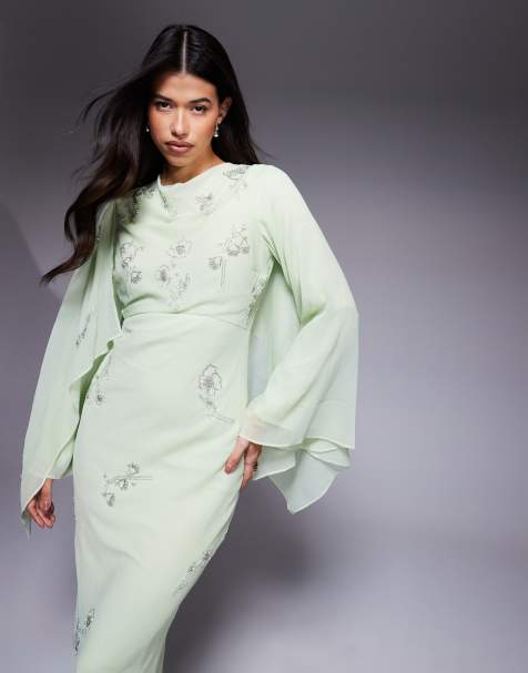ASOS DESIGN - Vestito lungo taglio sbieco verde salvia con fiori ricamati, dettaglio a mantella e scollo ad anello - view 1