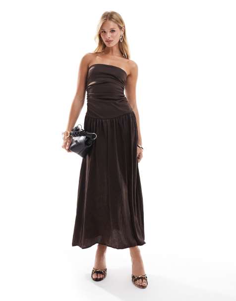 ASOS DESIGN - Vestito lungo testurizzato a fascia color cioccolato - view 1