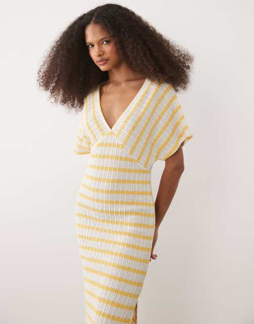 ASOS DESIGN - Vestito lungo testurizzato a maniche corte giallo a righe con scollo a V e spacco laterale, 3 di 4
