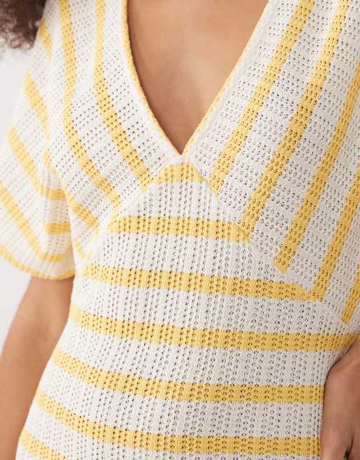 ASOS DESIGN - Vestito lungo testurizzato a maniche corte giallo a righe con scollo a V e spacco laterale, 4 di 4
