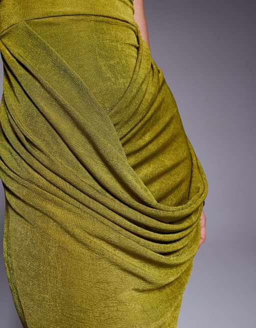 ASOS DESIGN - Vestito lungo testurizzato sinuoso color lime drappeggiato con maniche ad aletta, 4 di 4