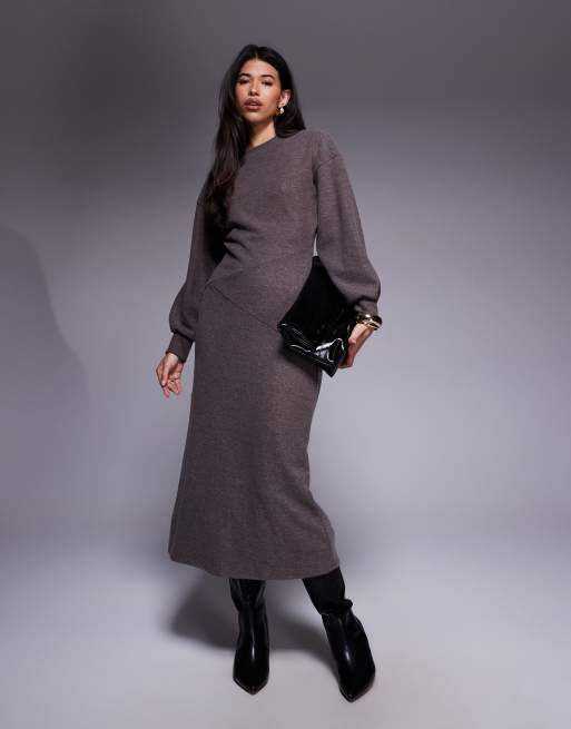 ASOS DESIGN - Vestito lungo ultra morbido a maniche lunghe color antracite mélange con cuciture a vista