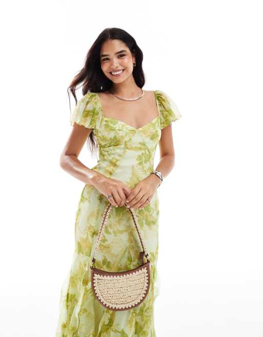 ASOS DESIGN - Vestito lungo verde a fiori con maniche con volant e gonna godet, 2 di 4