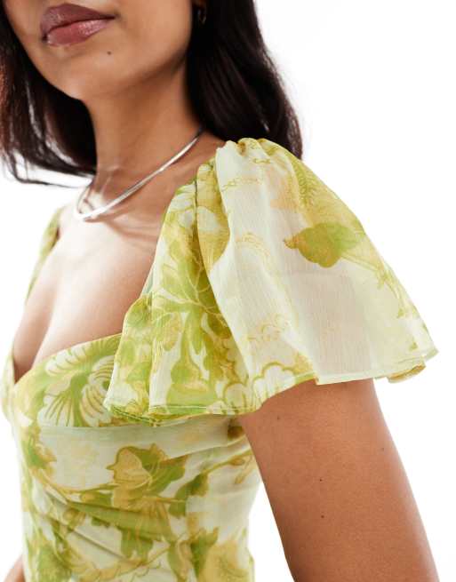 ASOS DESIGN - Vestito lungo verde a fiori con maniche con volant e gonna godet, 4 di 4