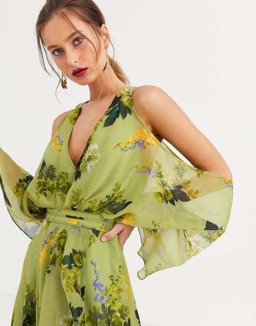 ASOS DESIGN - Vestito lungo verde a fiori con spalle scoperte, 3 di 4
