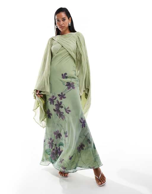 ASOS DESIGN - Vestito lungo verde a fiori con taglio sbieco, maniche oversize e dettaglio avvolgente 