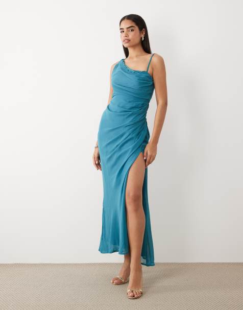 ASOS DESIGN - Vestito lungo verde-azzurro con corpino drappeggiato, spalline con perline e schiena scoperta - view 1