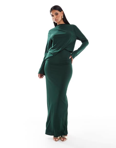 ASOS DESIGN - Vestito lungo verde bosco drappeggiato a maniche lunghe - view 1