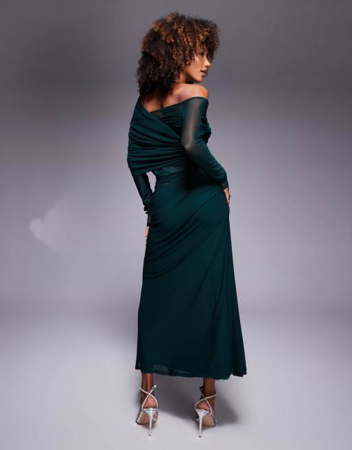 ASOS DESIGN - Vestito lungo verde bottiglia a maniche lunghe extra largo in rete mista con scollo alla Bardot, 2 di 4