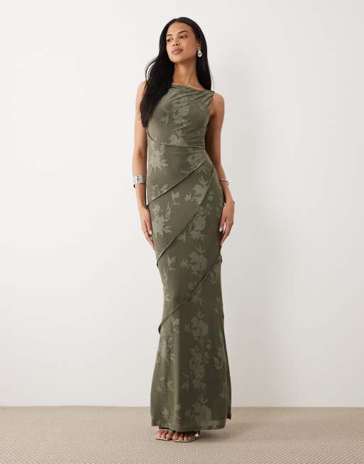 ASOS DESIGN - Vestito lungo verde dévoré con scollo ad anello e cuciture grezze, 3 di 4