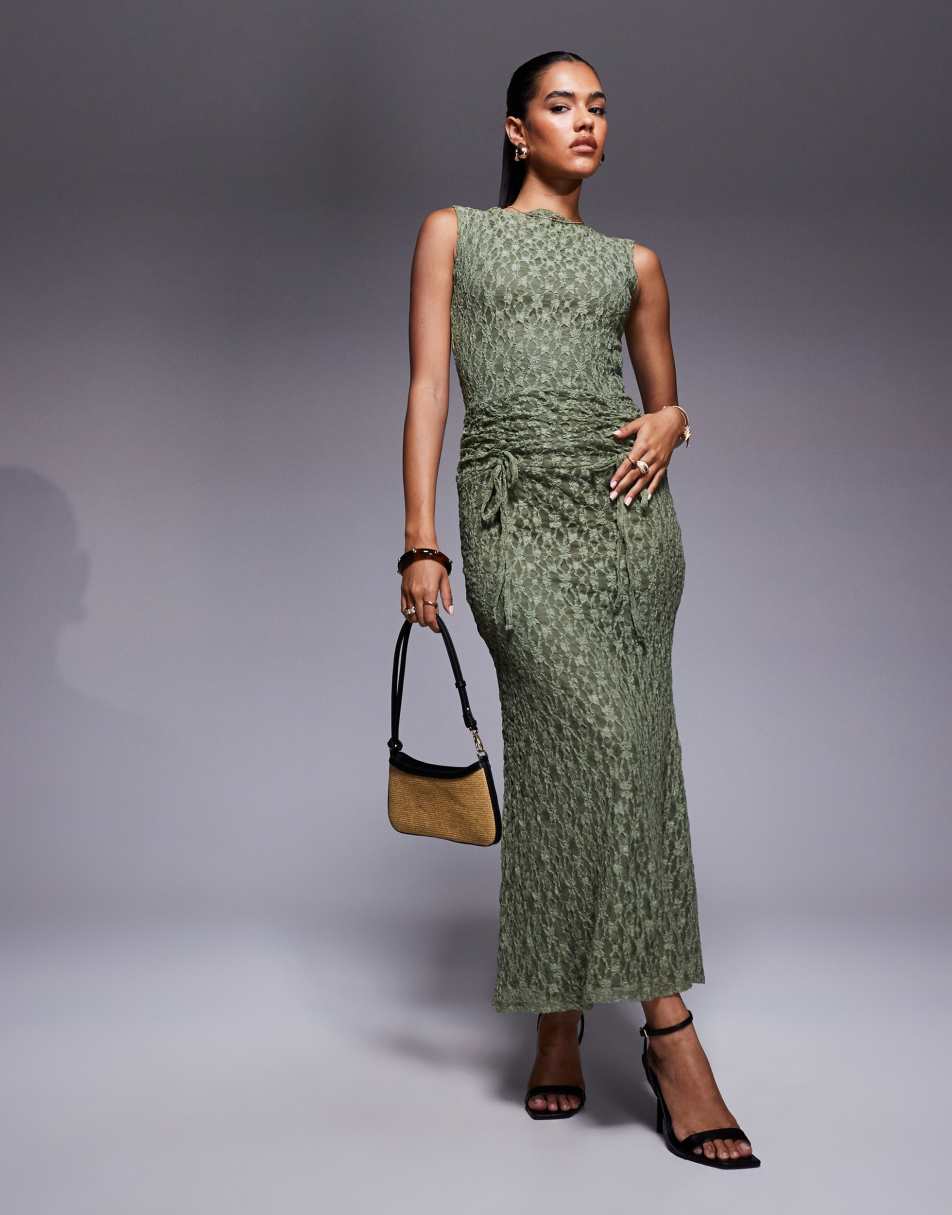 ASOS DESIGN - Vestito lungo verde in pizzo con fascia in vita arricciata - view 1