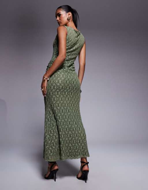 ASOS DESIGN Vestito lungo verde in pizzo con fascia in vita