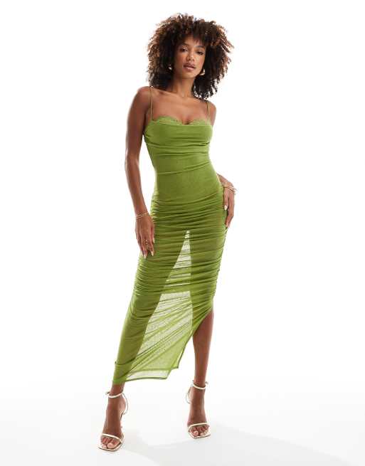ASOS DESIGN - Vestito lungo verde in rete trasparente con dettaglio decorato sulle coppe stile body e dettagli applicati a caldo