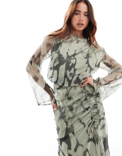 ASOS DESIGN - Vestito lungo verde marmorizzato con design arricciato e drappeggiato, 2 di 4